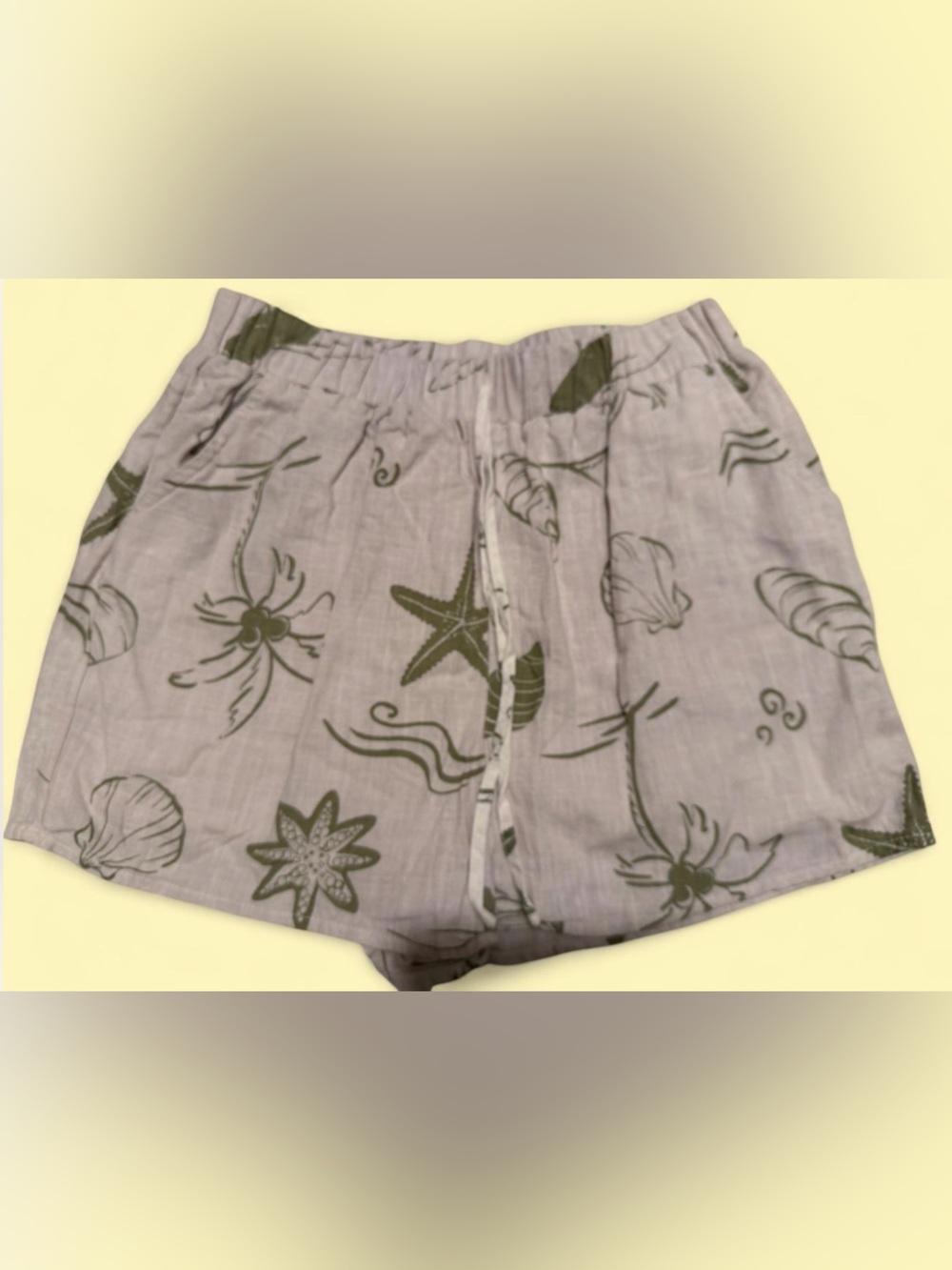 Blu Pepper Tan linen Blend Shorts with Olive Sea Motif